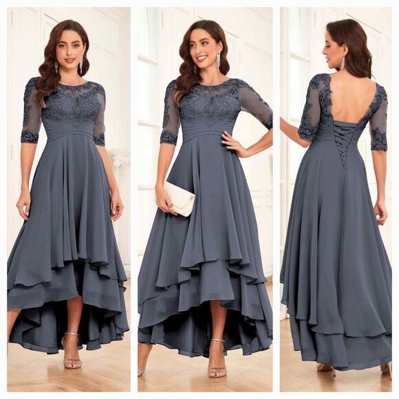 New Mother of the Bride (8) Stormy Blue Chiffon Half Sleeve Hi Lo  Maxi Dress - Picture 1 of 13